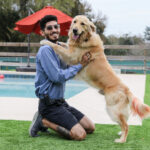 Male staff member kneeling with golden retriever leaning on his shoulders