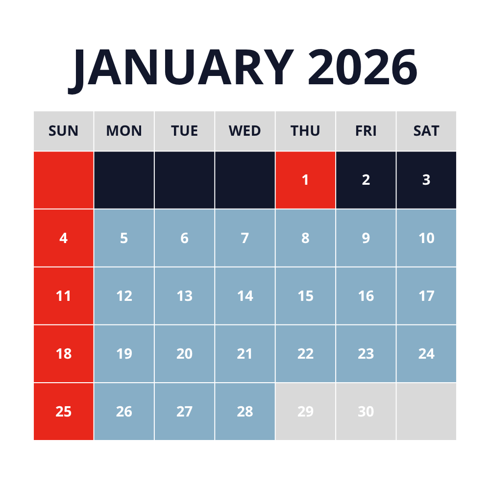 graphic of January 2026 daycare availability calendar (closed new years day and all sundays)