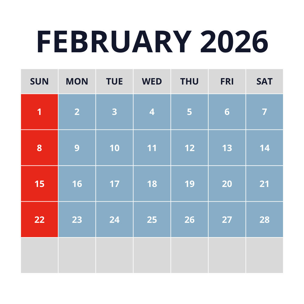 graphic of February 2026 daycare availability calendar (closed all sundays)