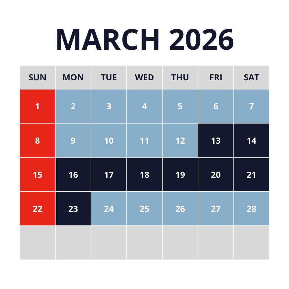 graphic of March 2026 daycare schedule (closed sundays, confirmed reservations only march 13-march 23)