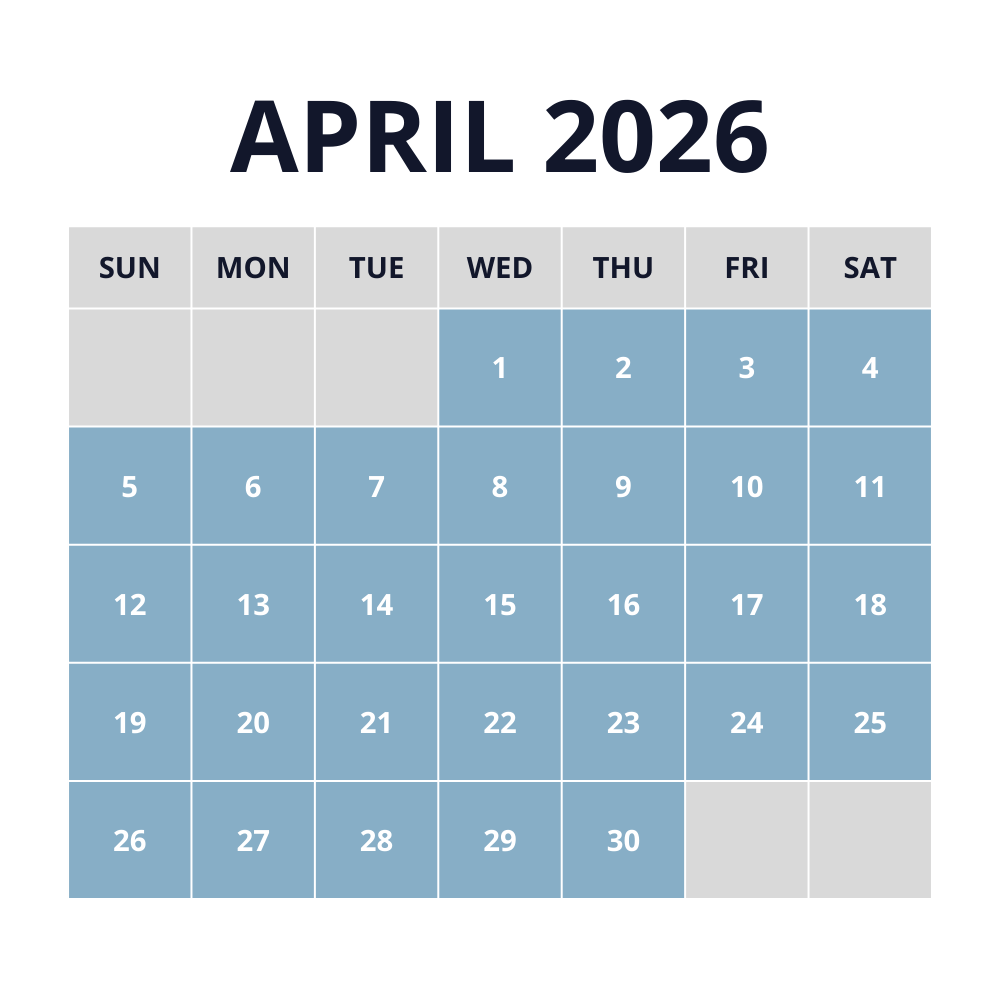 lodging peak pricing calendar for april 2026
