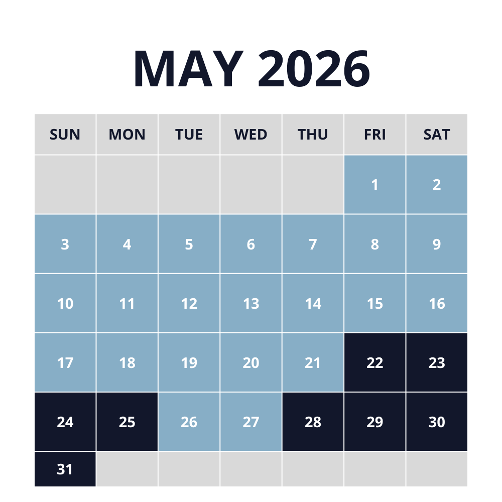 lodging peak pricing calendar for may 2026