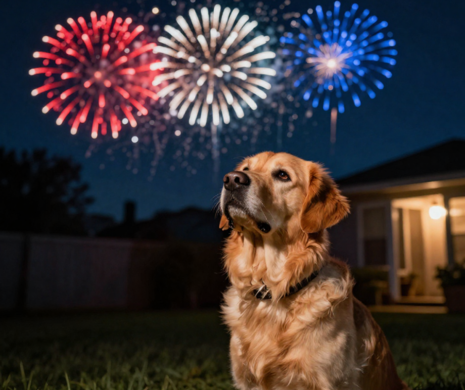 AI generated image of dog sitting outside looking at fireworks