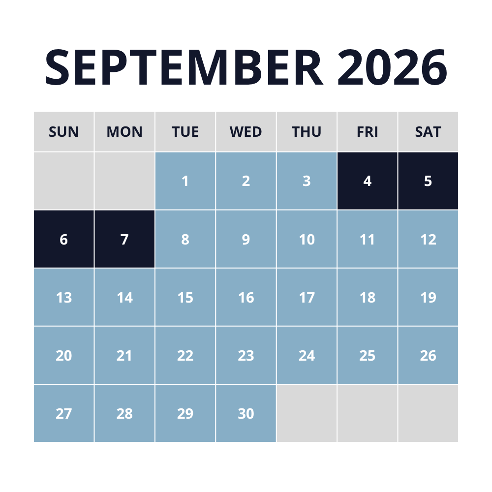 September 2026 lodging peak pricing calendar