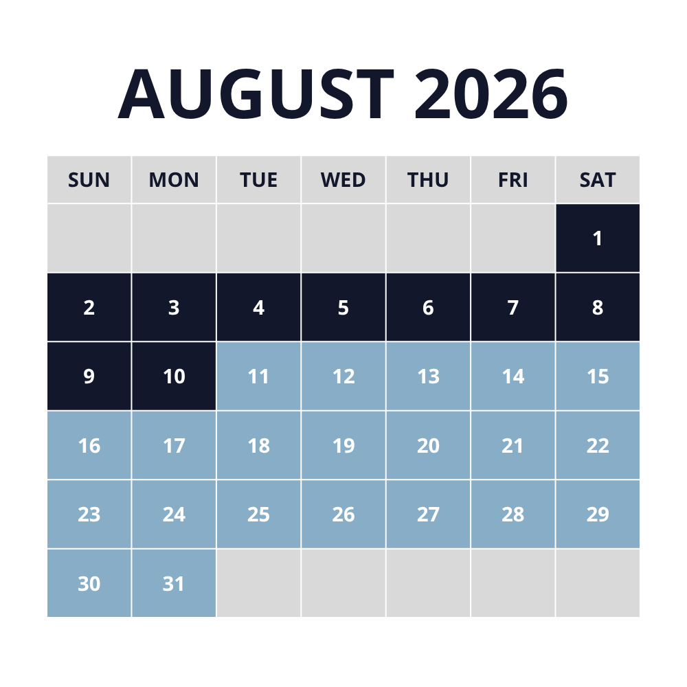 August 2026 lodging peak pricing calendar