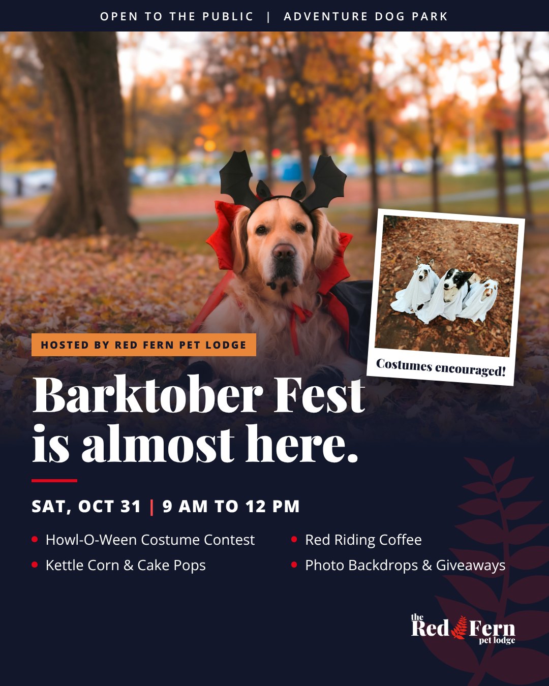 Barktober Fest at Adventure Dog Park, Saturday October 31, 9 AM to 12 PM. Open to the public.